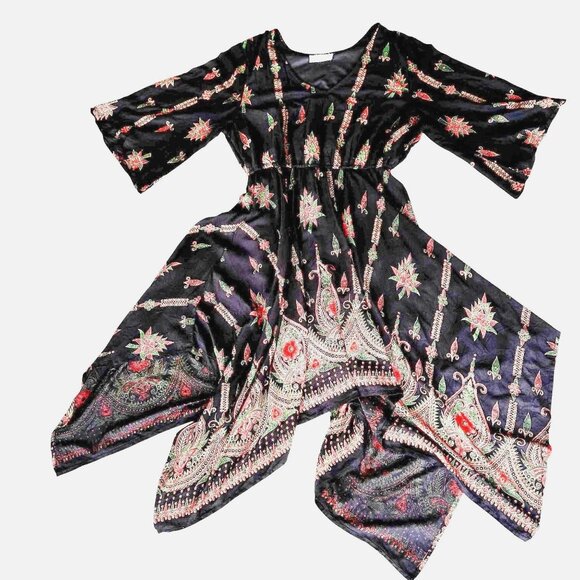 Lapogee Maxi Dress XL Black Floral V Neck Flare Sleeves Asymmetrical Hem Festive - Picture 1 of 12